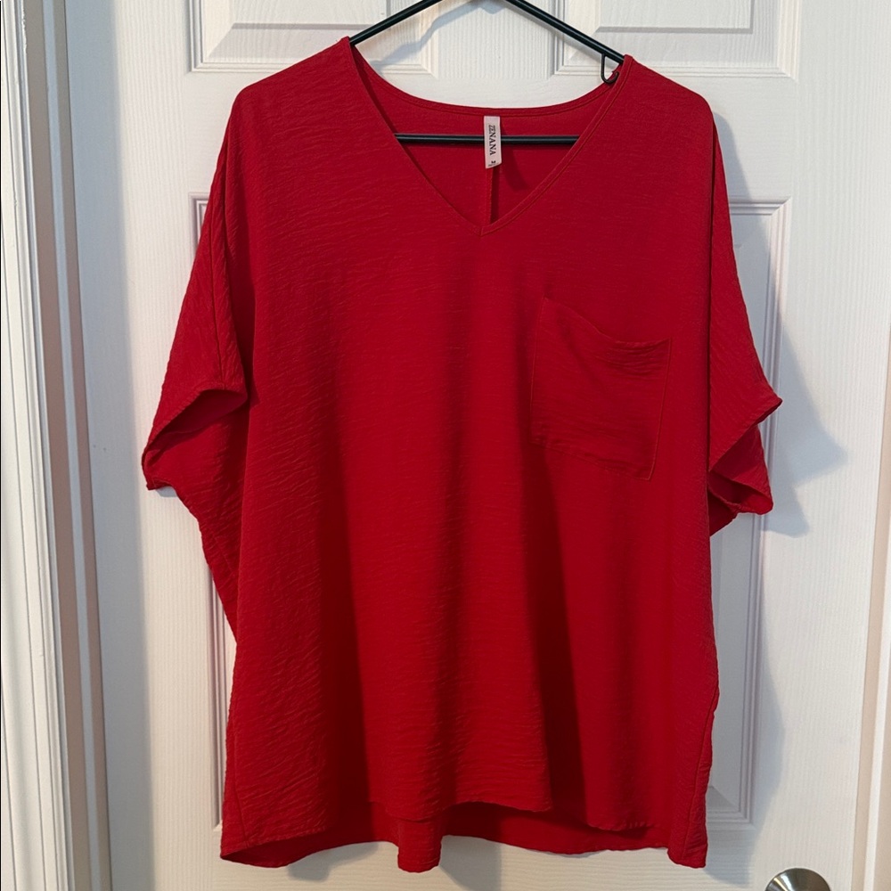 Red V-Neck Top with Pocket